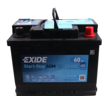 Аккумуляторная батарея 60Ah/680A (242x175x190/+R/B13) (Start-Stop AGM) EXIDE EK600
