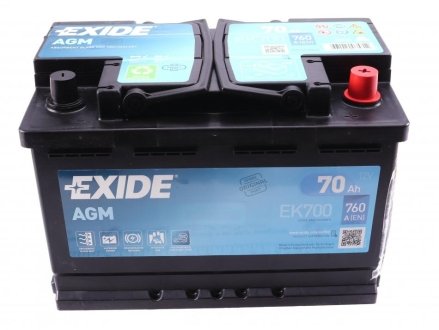 Аккумуляторная батарея 70Ah/760A (278x175x190/+R) (Start-Stop AGM) EXIDE EK700